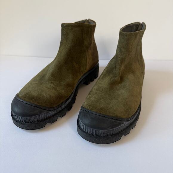 LOFINA Green Suede Lug Sole Zip Ankle Boots 6470 Euro 38 US 7.5 Italian - Picture 1 of 15